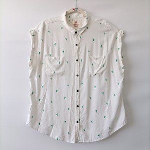 SO Womens White Green Cactus Small Print Relaxed Perfect Shirt Top Size XL